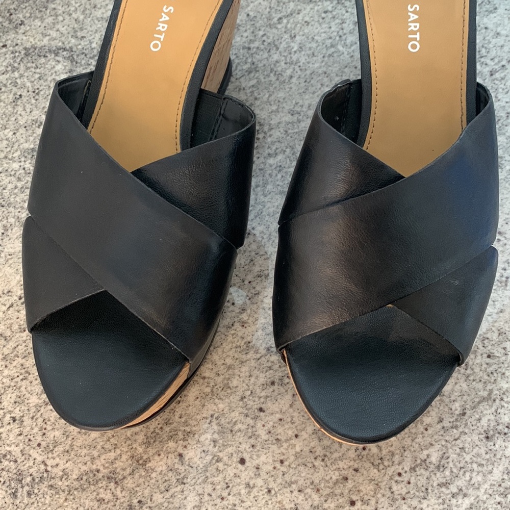 Franco Sarto Platform Sandals, cork platform with black leather uppers, size 11 - Picture 10 of 11